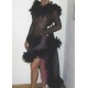 Abito da ballo latino per donna, realizzato in tulle elastico nero e scintilla nera e rosa.